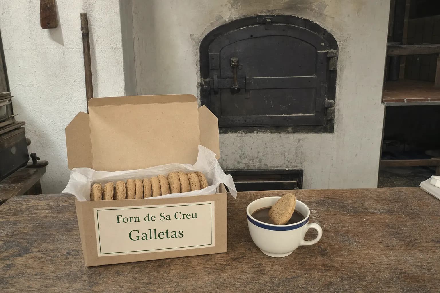 Open box of Forn de Sa Creu olive oil crackers beside a coffee in the Algaida bakery
