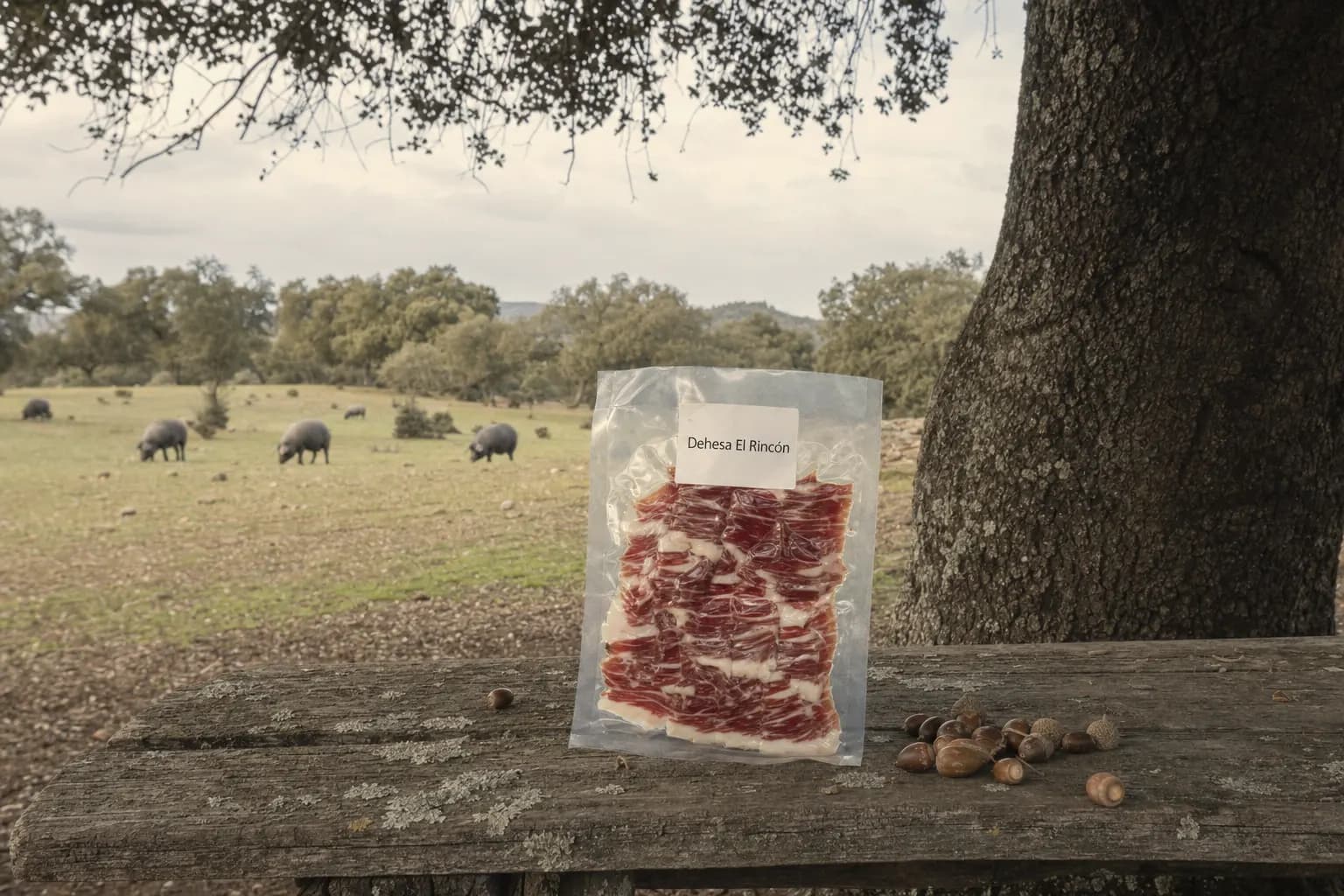 Sachet of Dehesa El Rincón Iberian ham on a bench under a holm oak