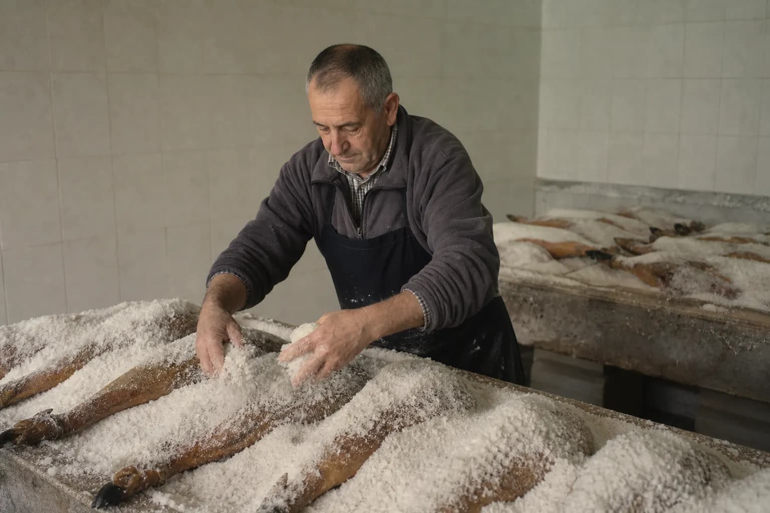 A worker covers the Iberian hams with sea salt