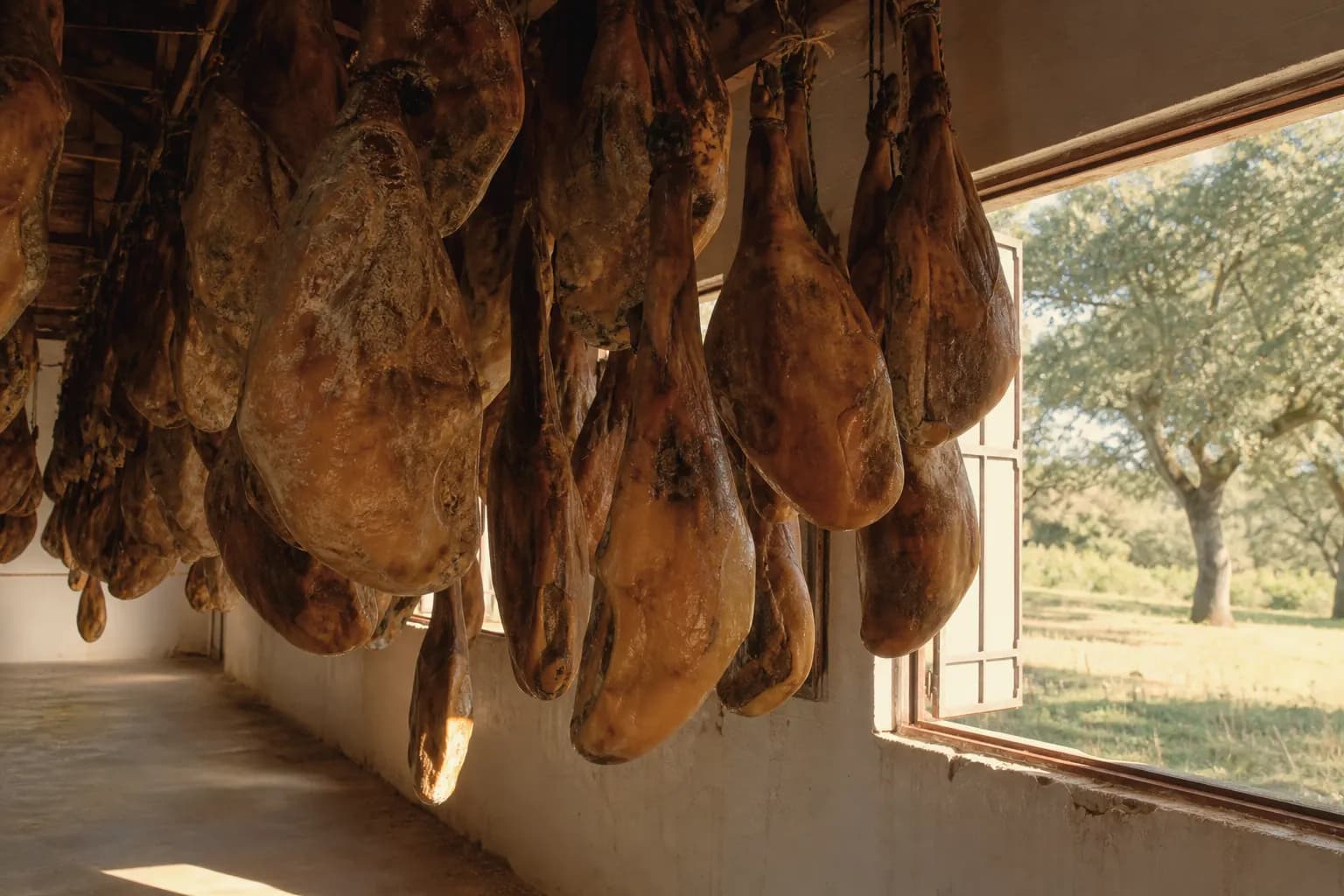 Iberian hams sweat in the natural drying room with the windows open