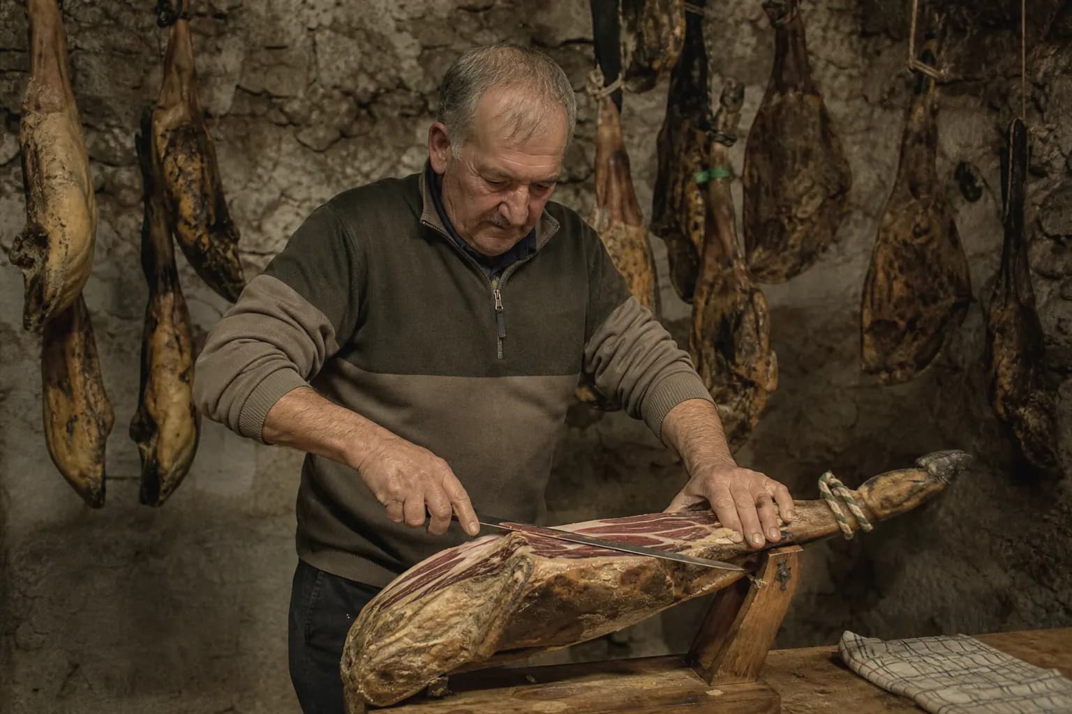 A carver slices an Iberian ham cured for three years by hand in the cellar