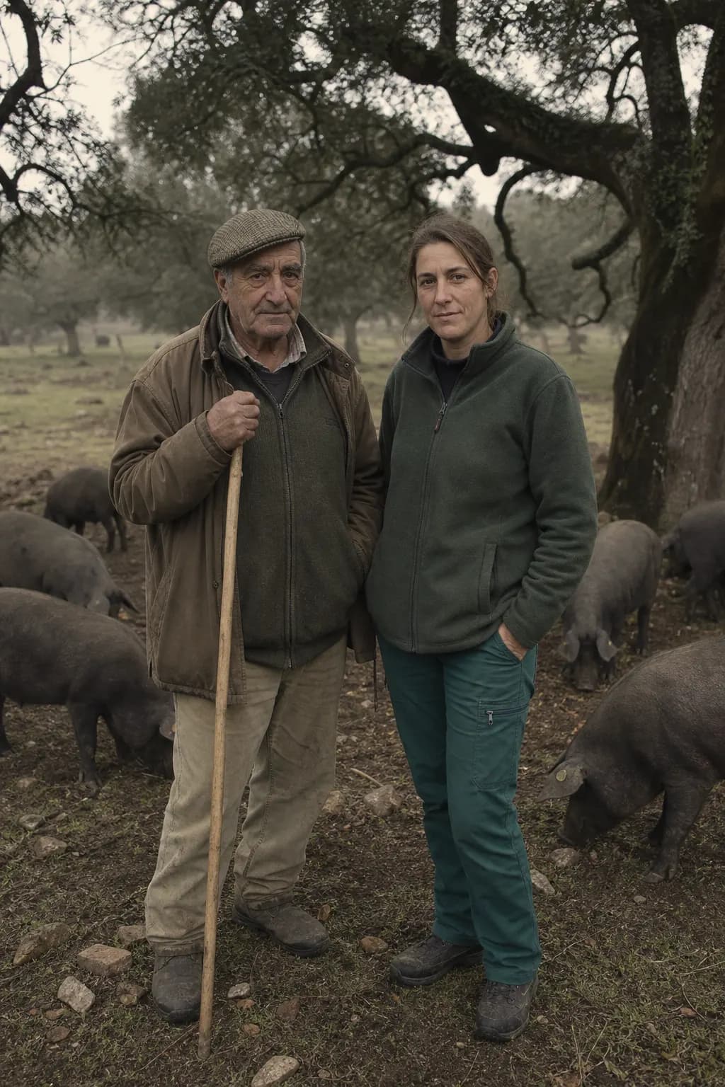 Agustín Lobato and Celia Durán under a holm oak with Iberian pigs in Fregenal