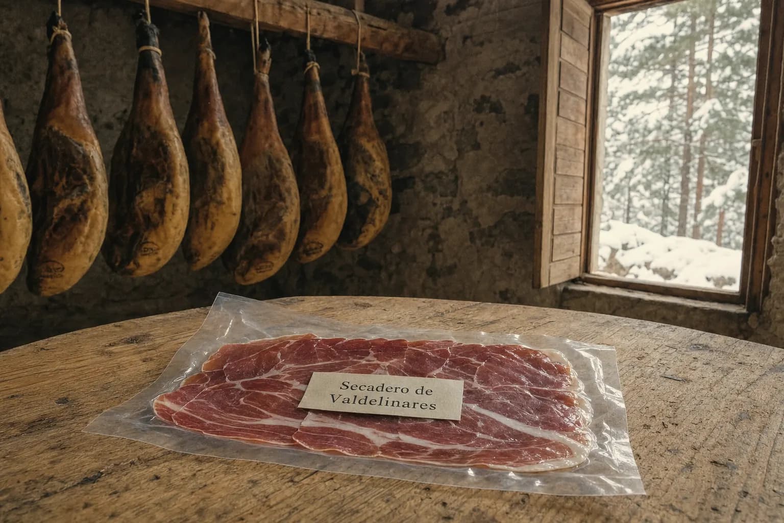 Sachet of sliced Secadero de Valdelinares ham on a table with hams hanging behind