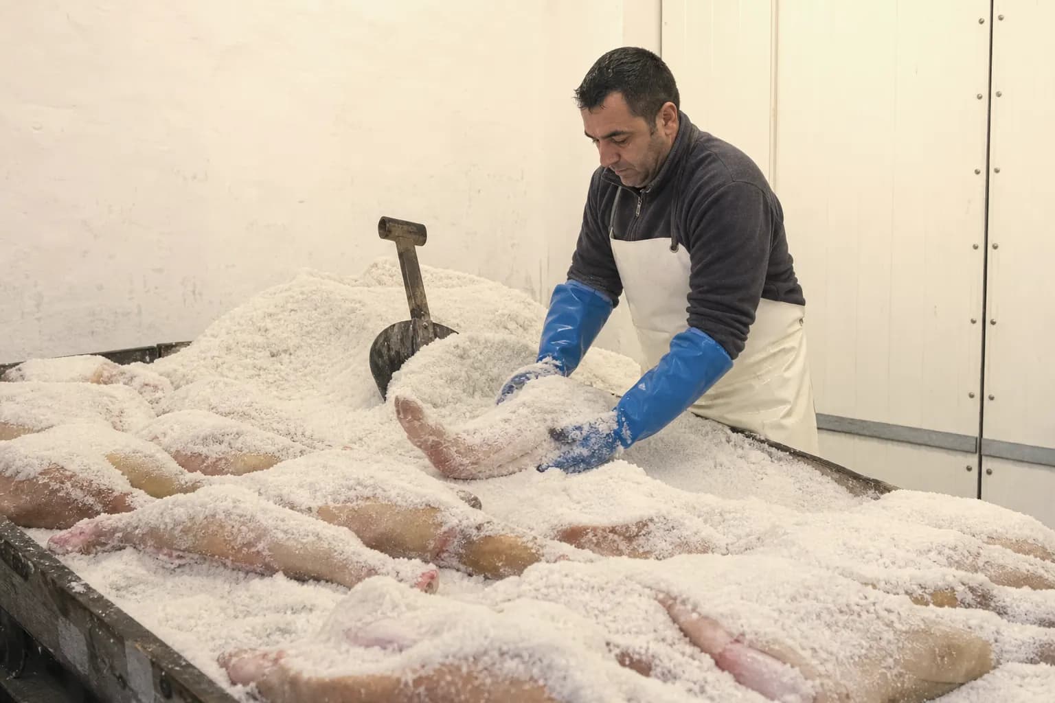 Javi Monfort covers fresh hams with sea salt in the salting room