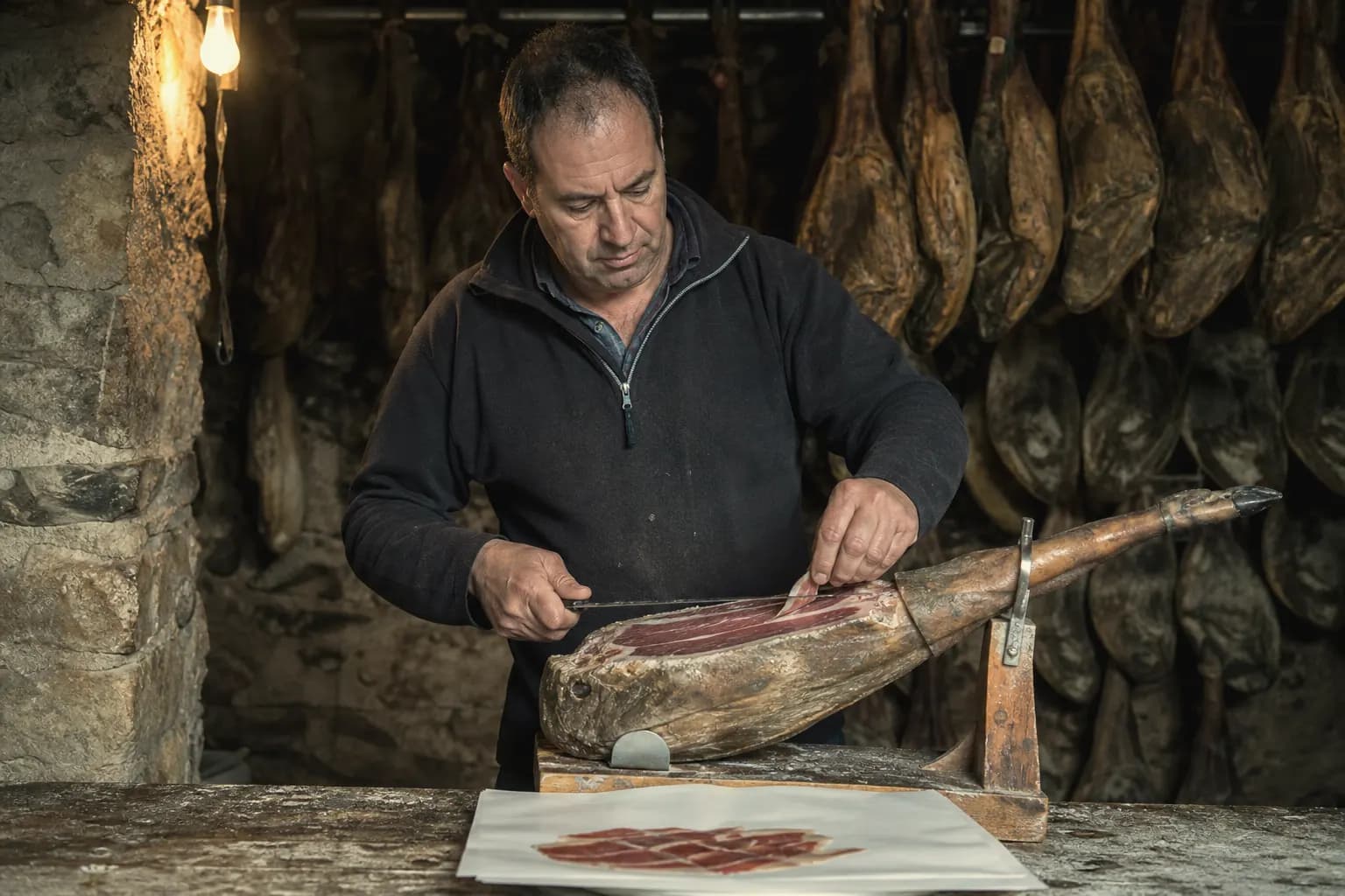 Javi Monfort slices a ham cured for two years by hand in the cellar