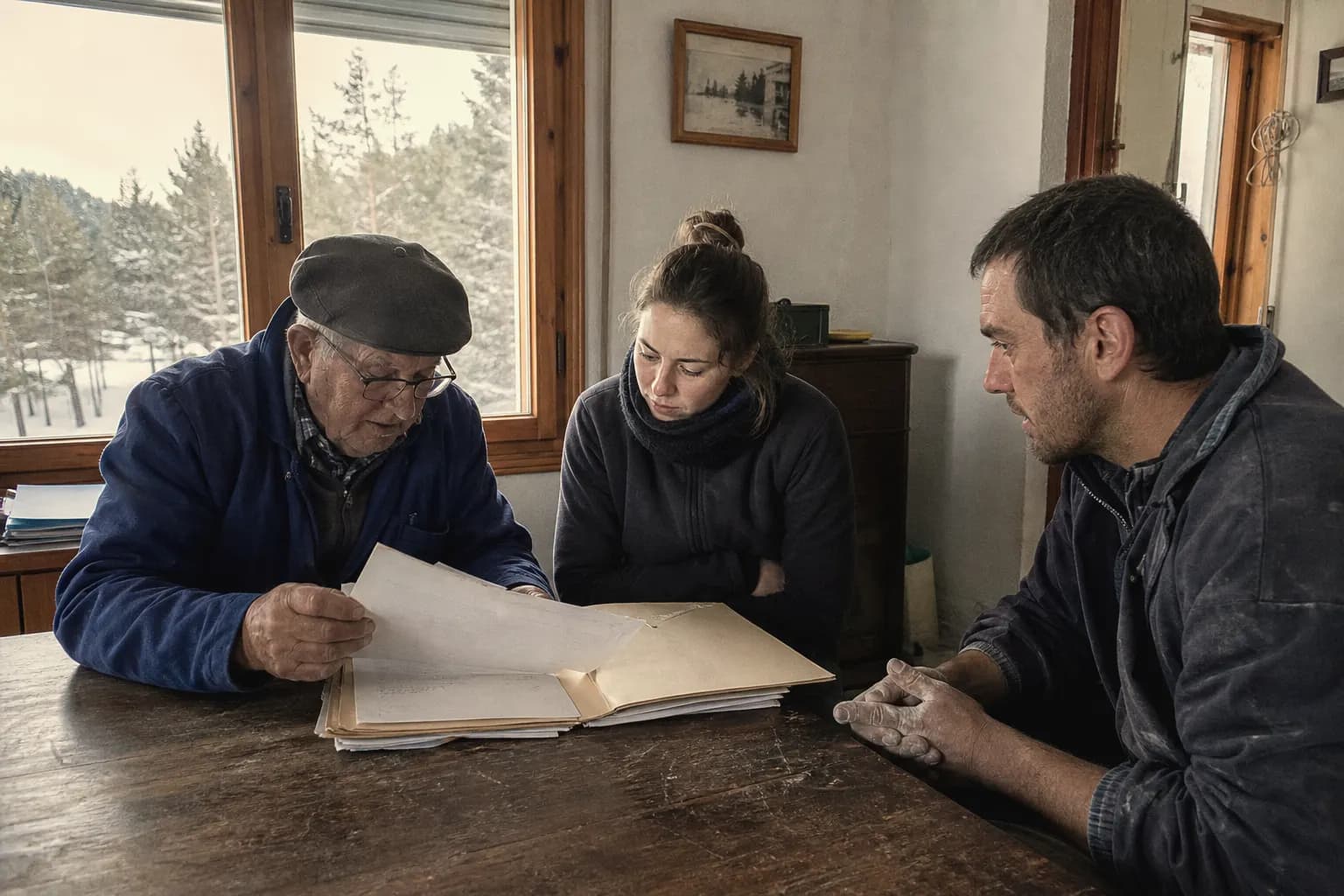 Tomás goes through papers with Lorena and Javi Monfort in the drying house office