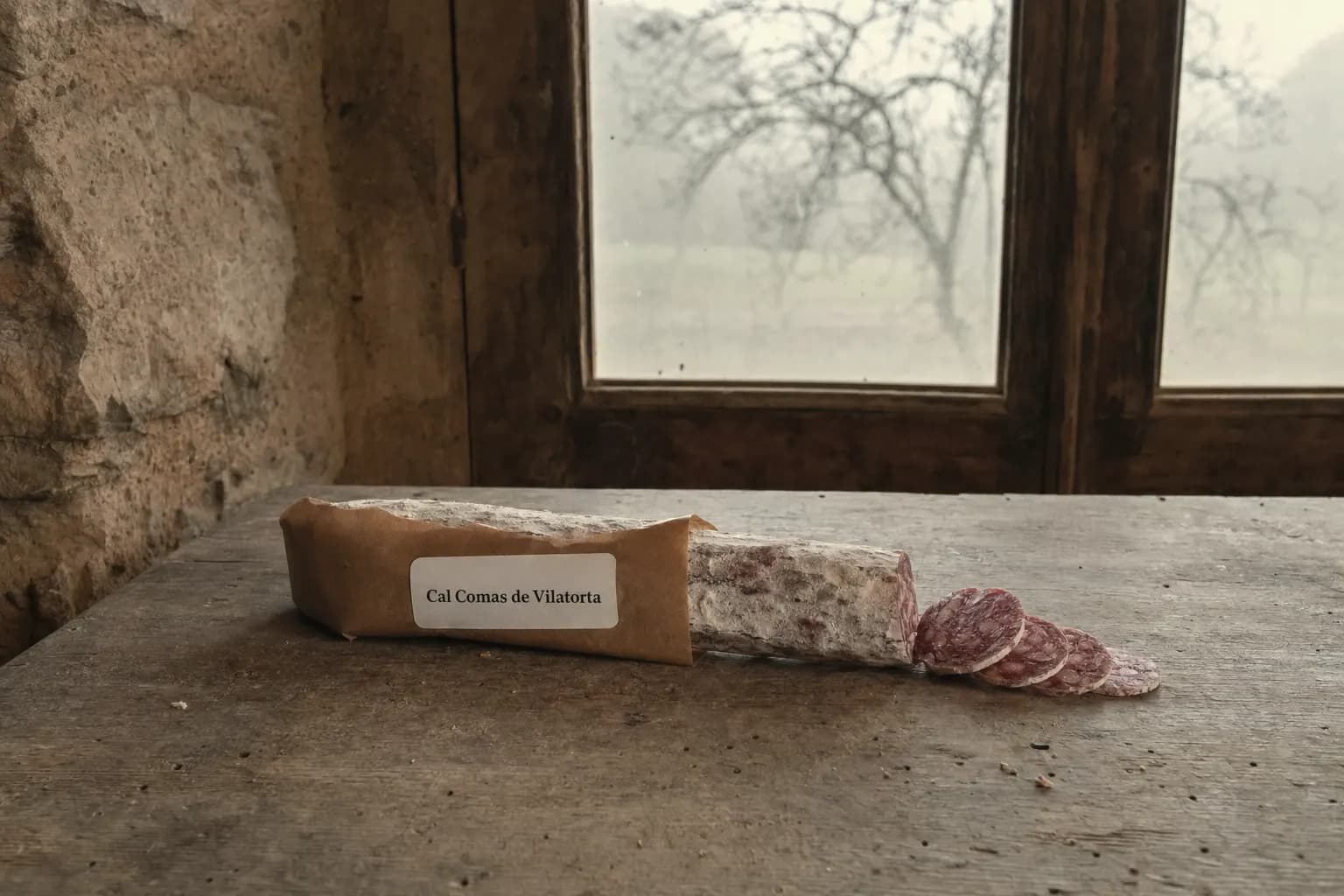 Cal Comas de Vilatorta llonganissa wrapped in paper on a table with fog at the window