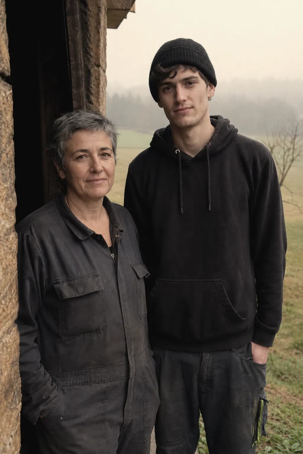 Montse Comas and her son Pol at the drying house door in Sant Julià de Vilatorta