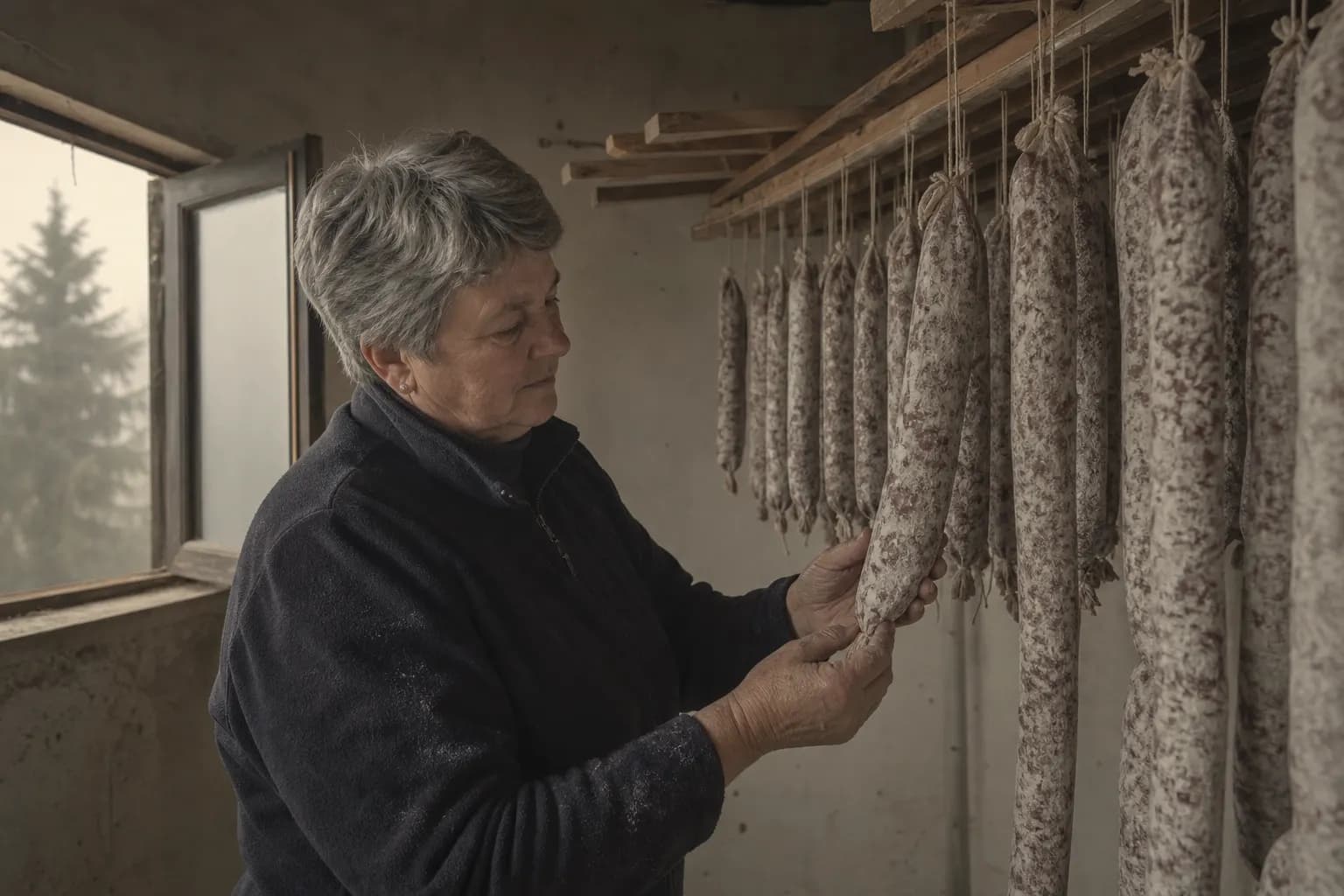 Montse Comas presses a hanging llonganissa in the drying room