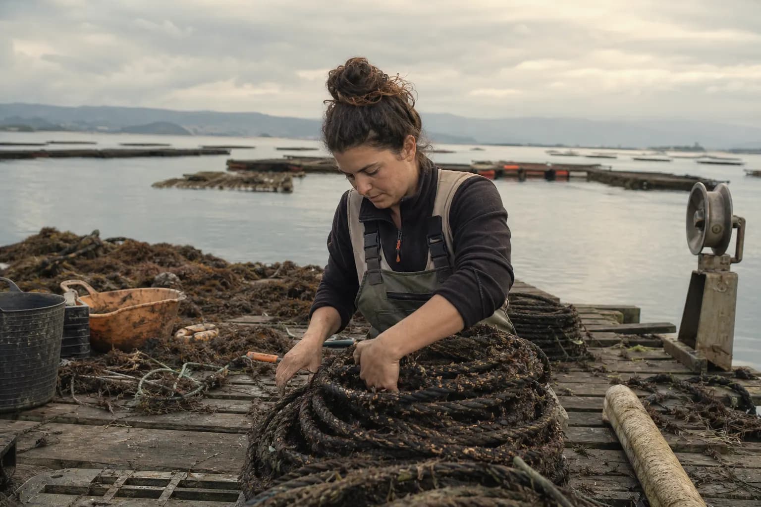 Xiana Otero coils the growing ropes to use them another season