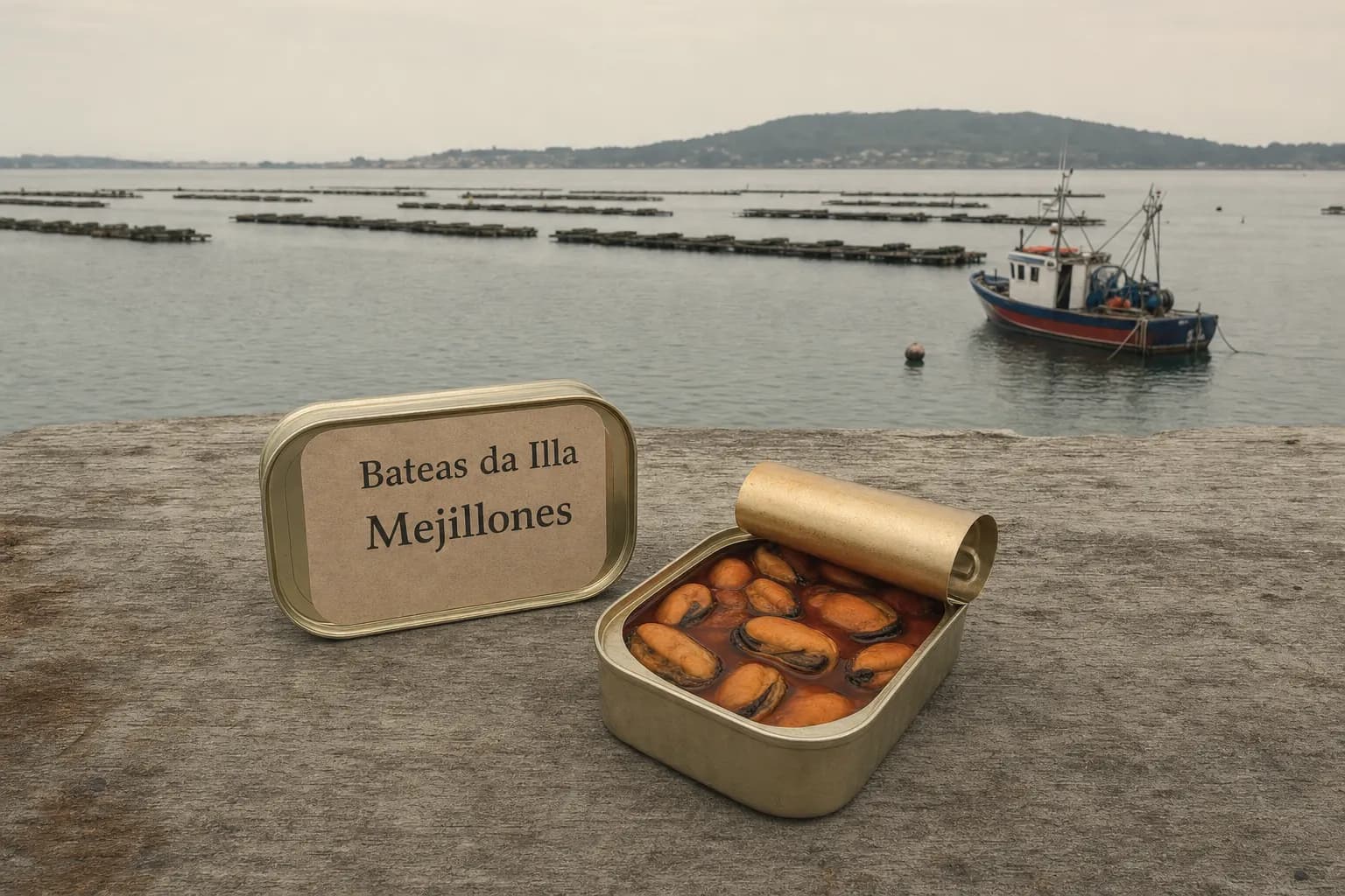 Tins of Bateas da Illa mussels in escabeche on the quay with rafts behind