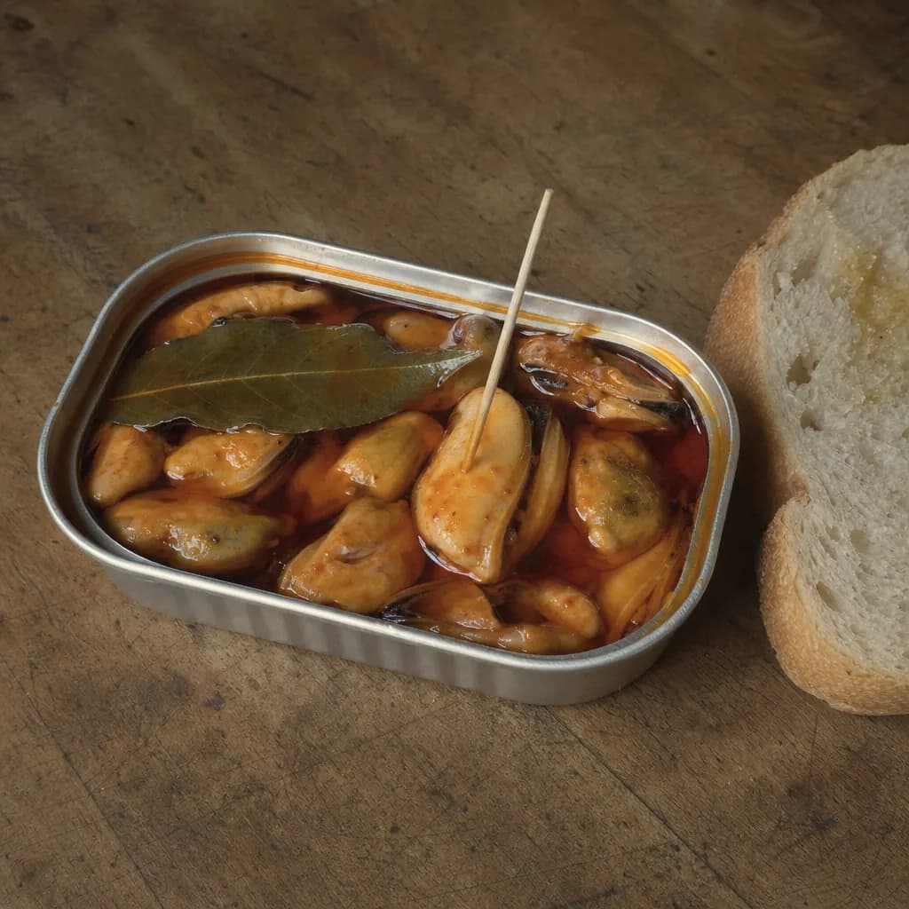 Open tin of mussels in red escabeche with a bay leaf
