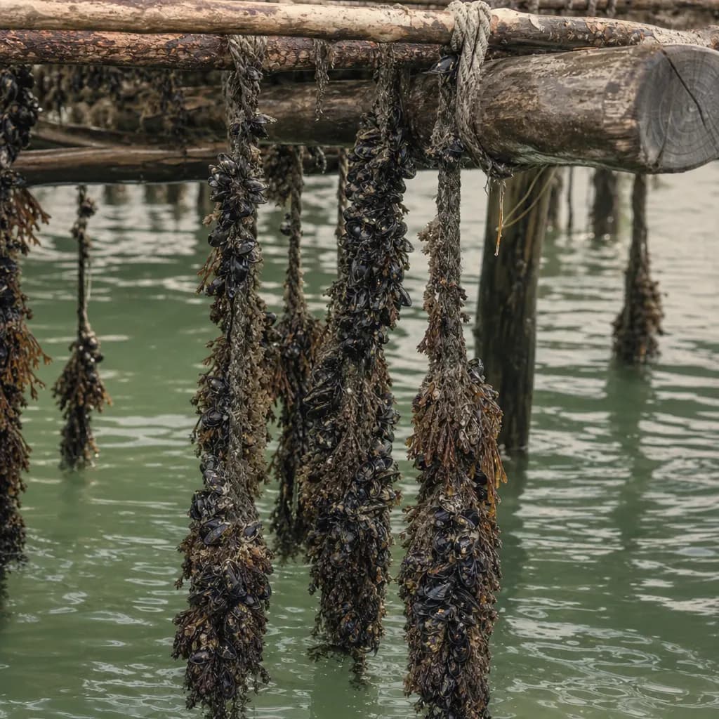 Ropes heavy with mussels hang from a raft in the ria