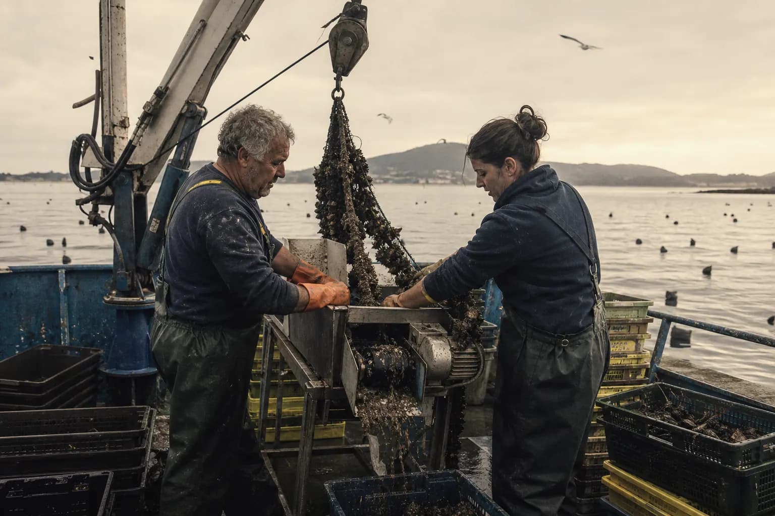 Xiana Otero and a crewman haul and clean the mussels on the boat