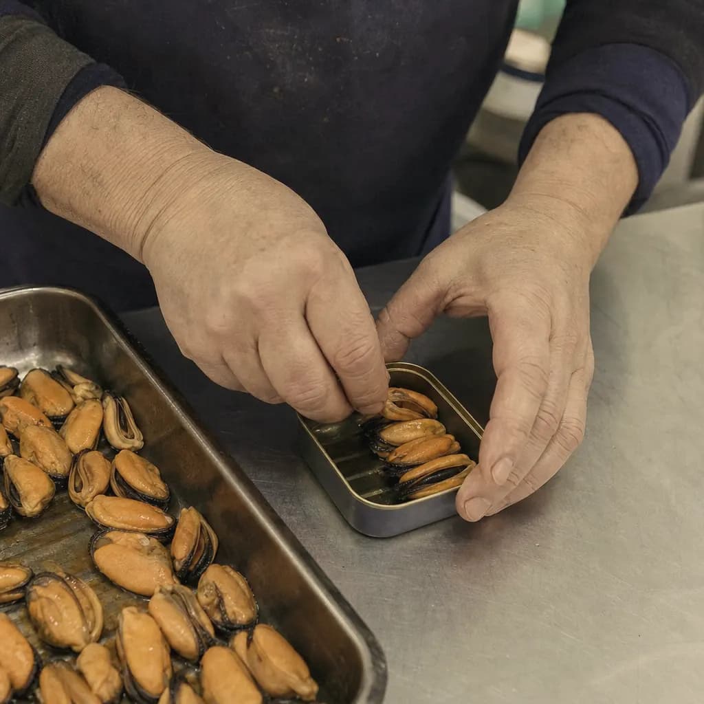 Hands place the fried mussels one by one in the tin