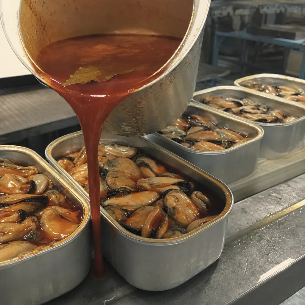 Escabeche of oil, vinegar, paprika and bay poured over the mussels