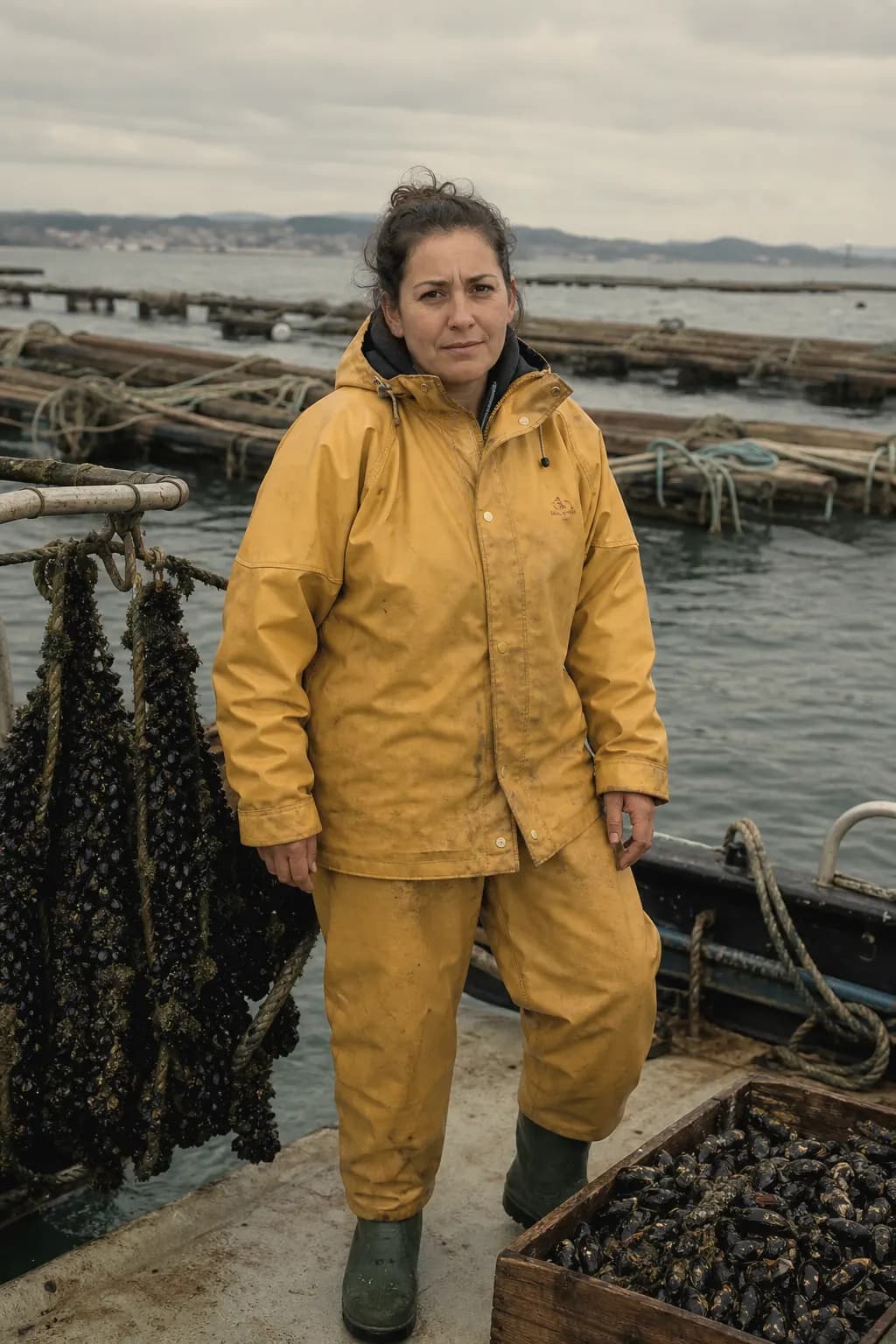 Xiana Otero, mussel farmer, aged 36, on her boat beside a raft