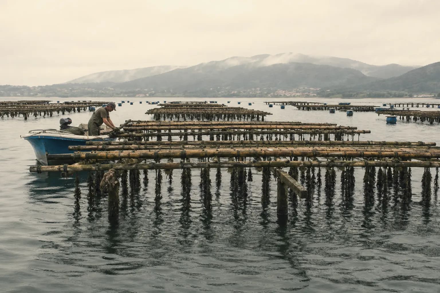 Hundreds of mussel rafts on the ria de Arousa with a boat alongside