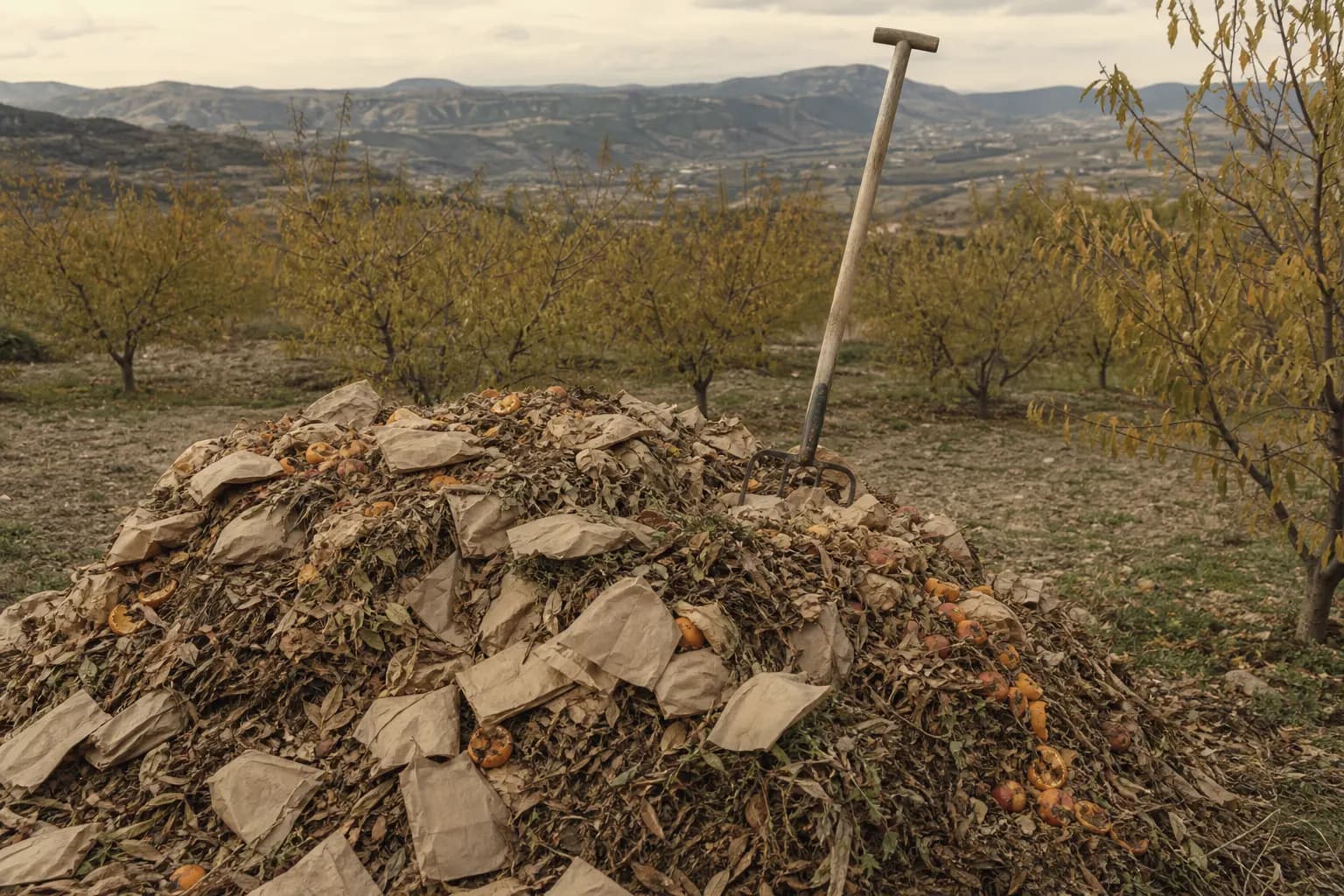Compost heap of used paper fruit bags at the edge of the orchard