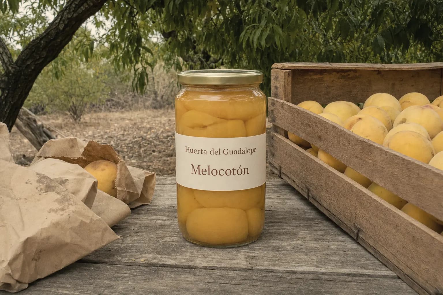Jar of Huerta del Guadalope peaches in syrup under the peach trees of Calanda