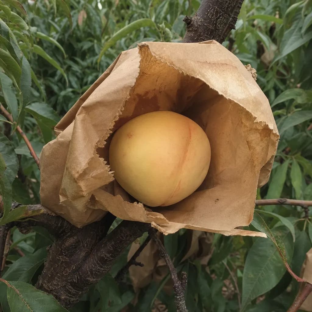 An opened paper bag on the branch shows a yellow peach with thin skin