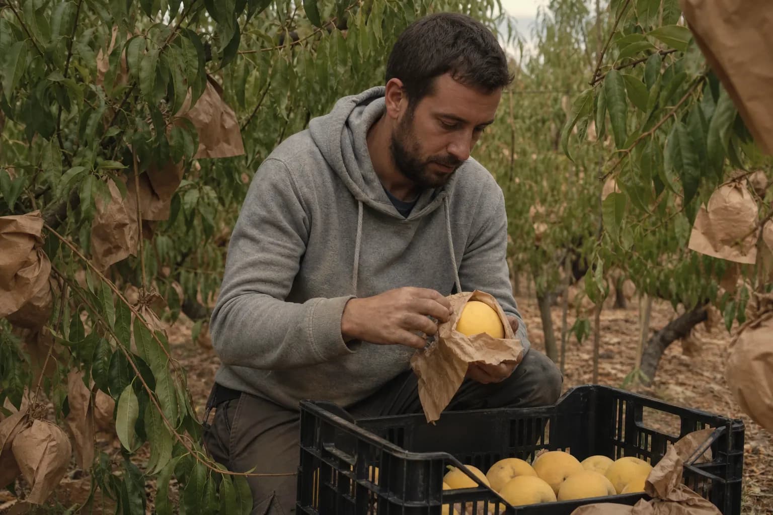 A worker opens the paper bag and picks a yellow peach in October