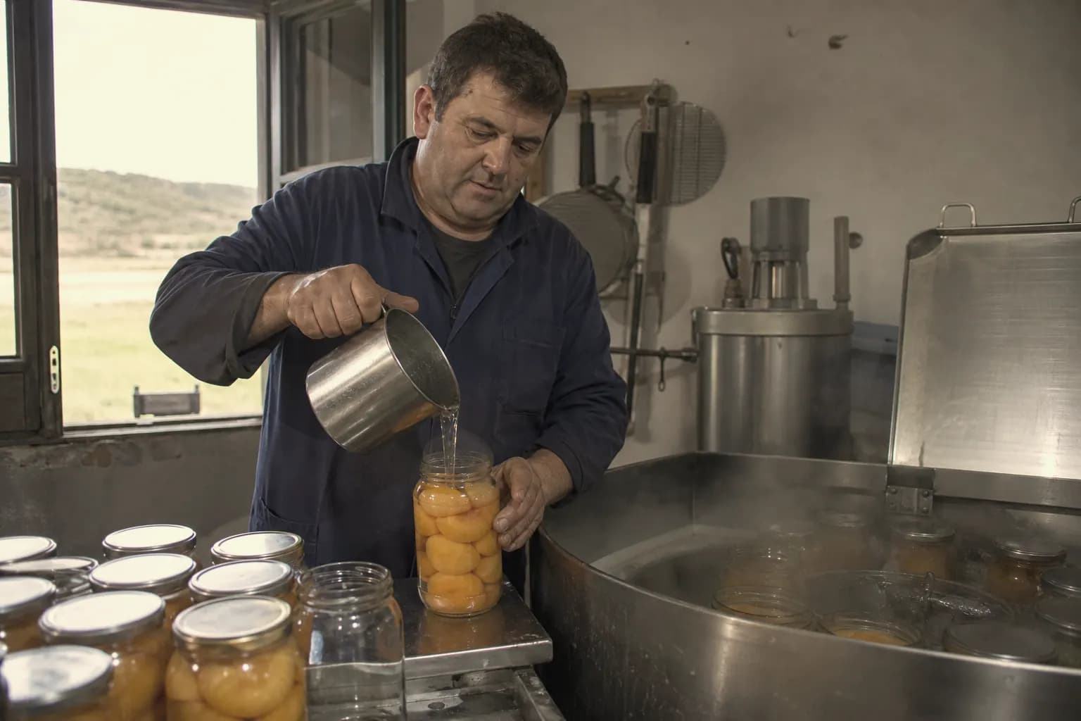 Álex Nogués covers the peaches with syrup and pasteurises the jars
