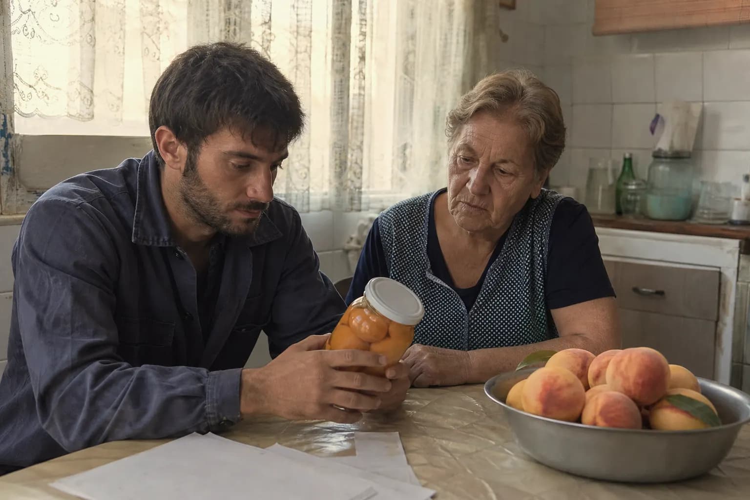 Álex and Carmen Nogués look at a jar of peaches in the family kitchen