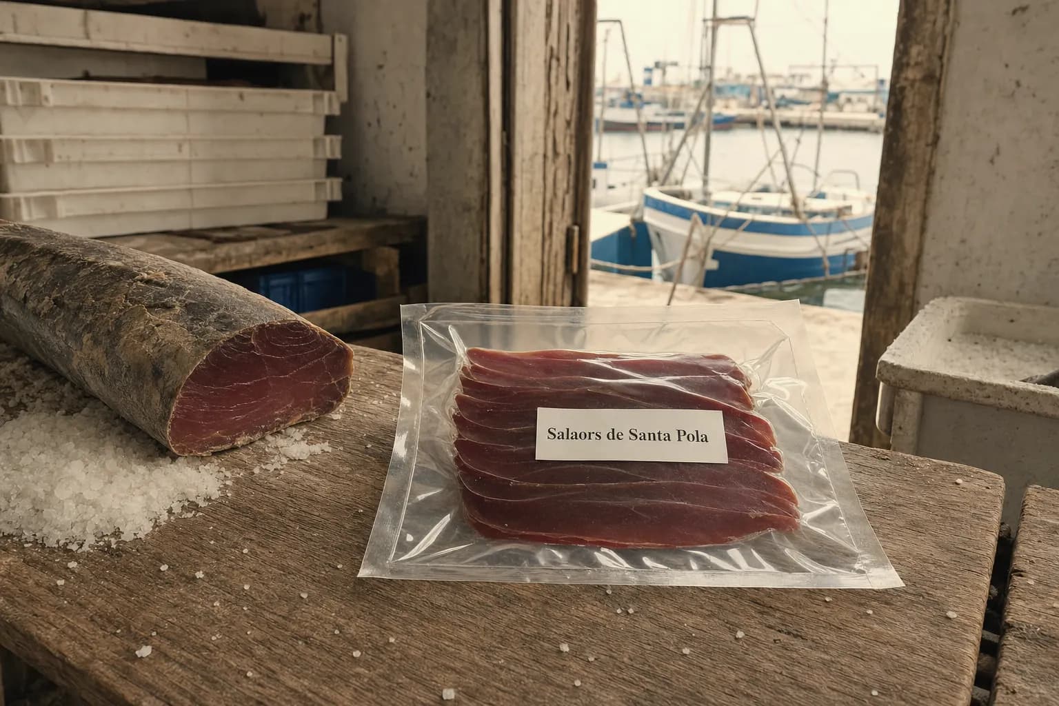 Sachet of sliced Salaors de Santa Pola mojama beside a dried loin and salt