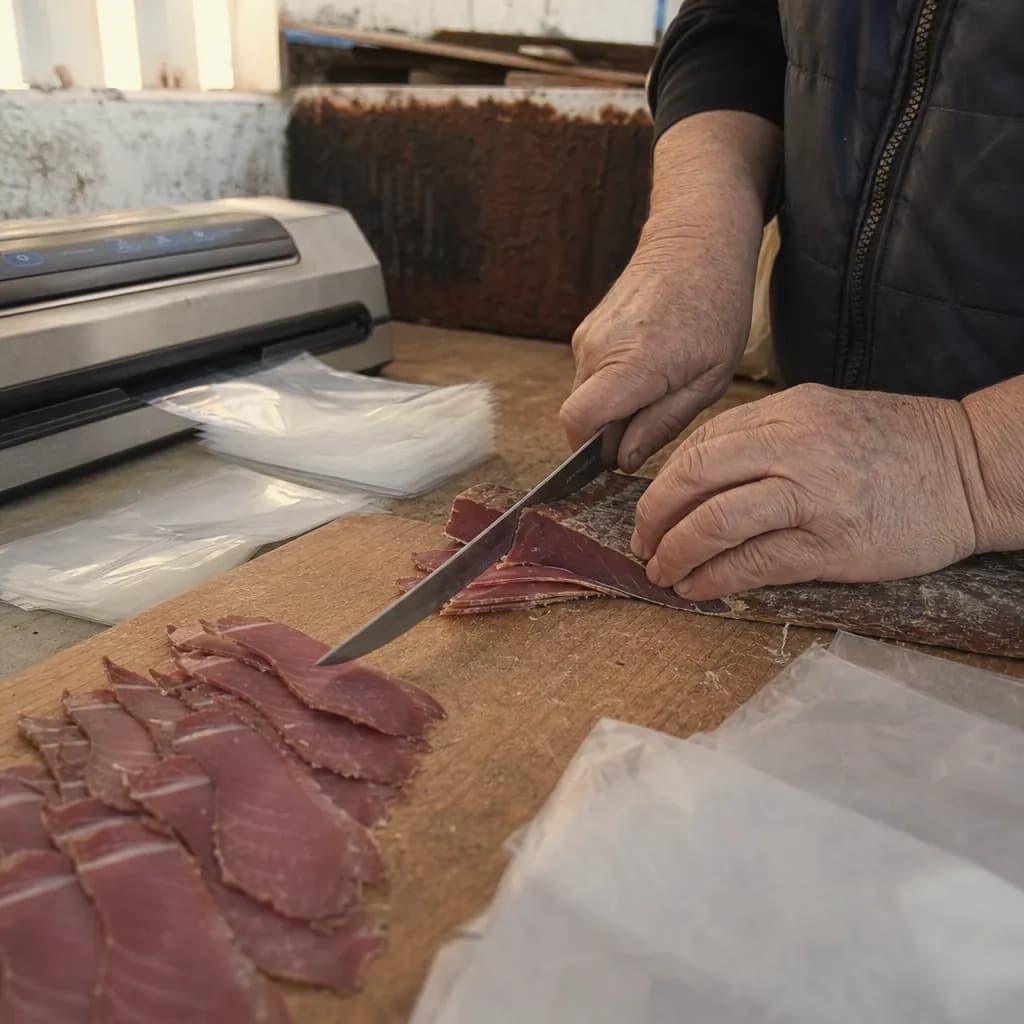 Hands thinly slicing mojama before vacuum packing it