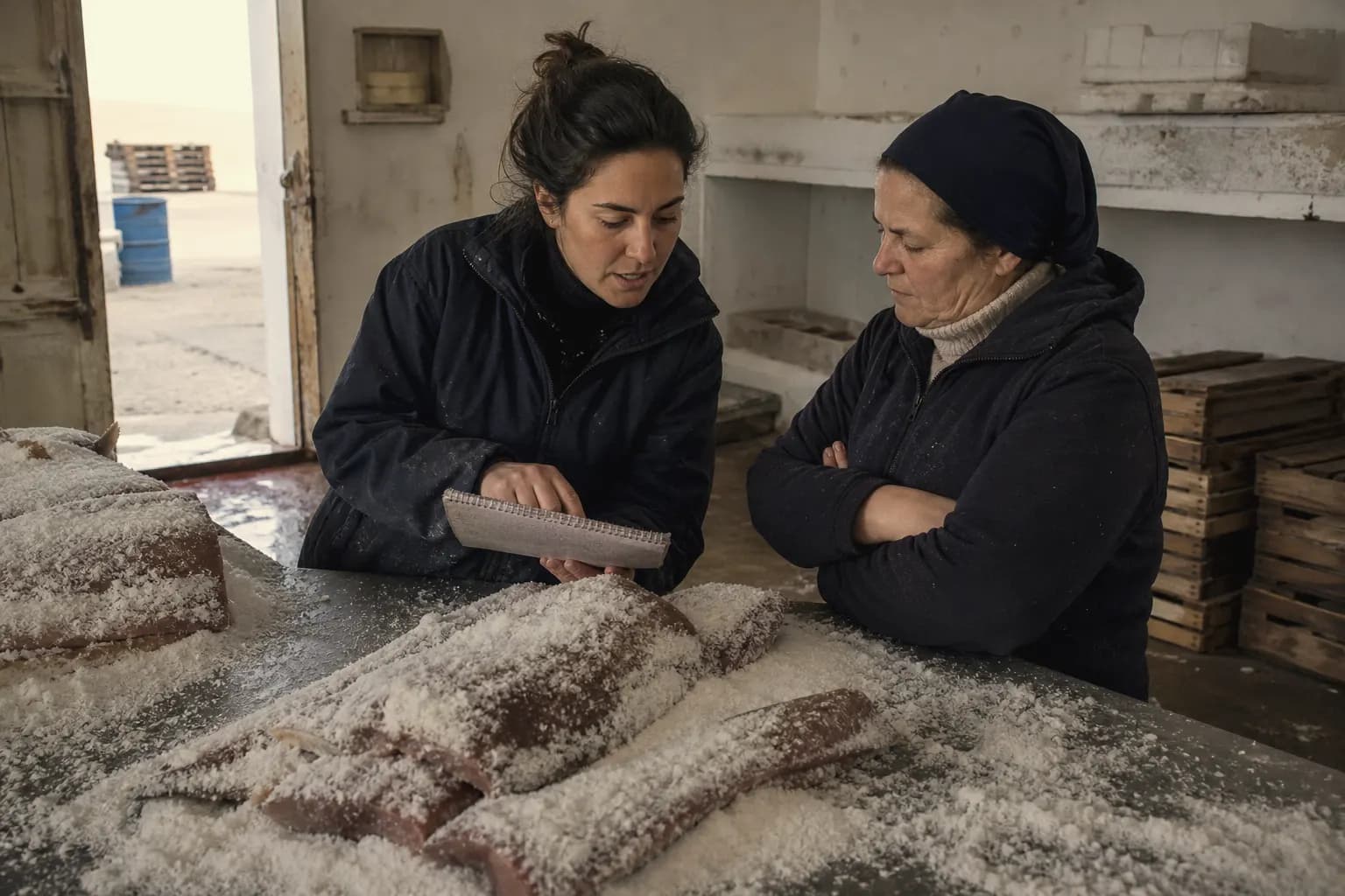 Sara Baeza explains a change to her aunt Rosa in the salting shed