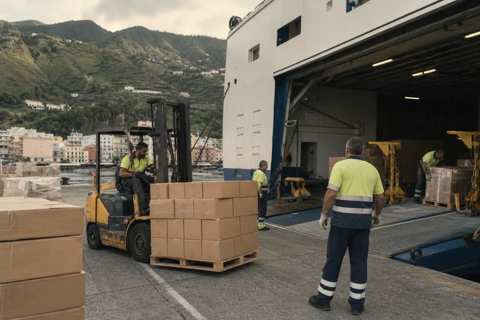 Dock workers load boxes onto a ship at the port of Santa Cruz de La Palma