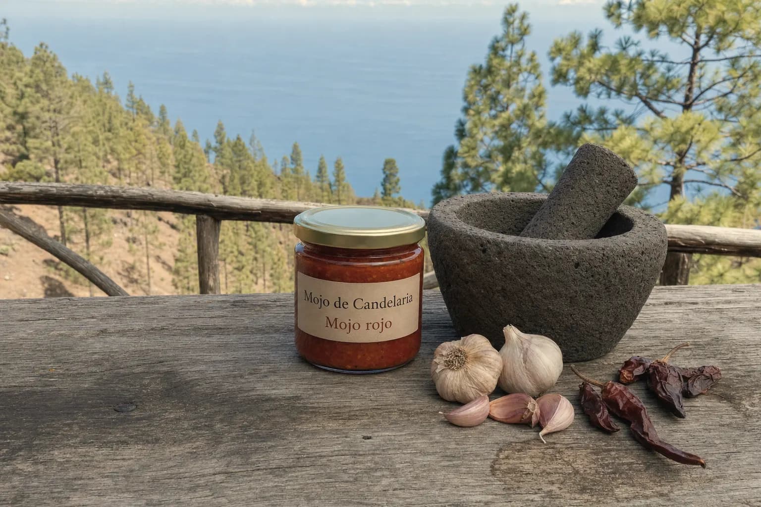 Jar of Mojo de Candelaria red mojo beside a stone mortar on a terrace in Puntagorda