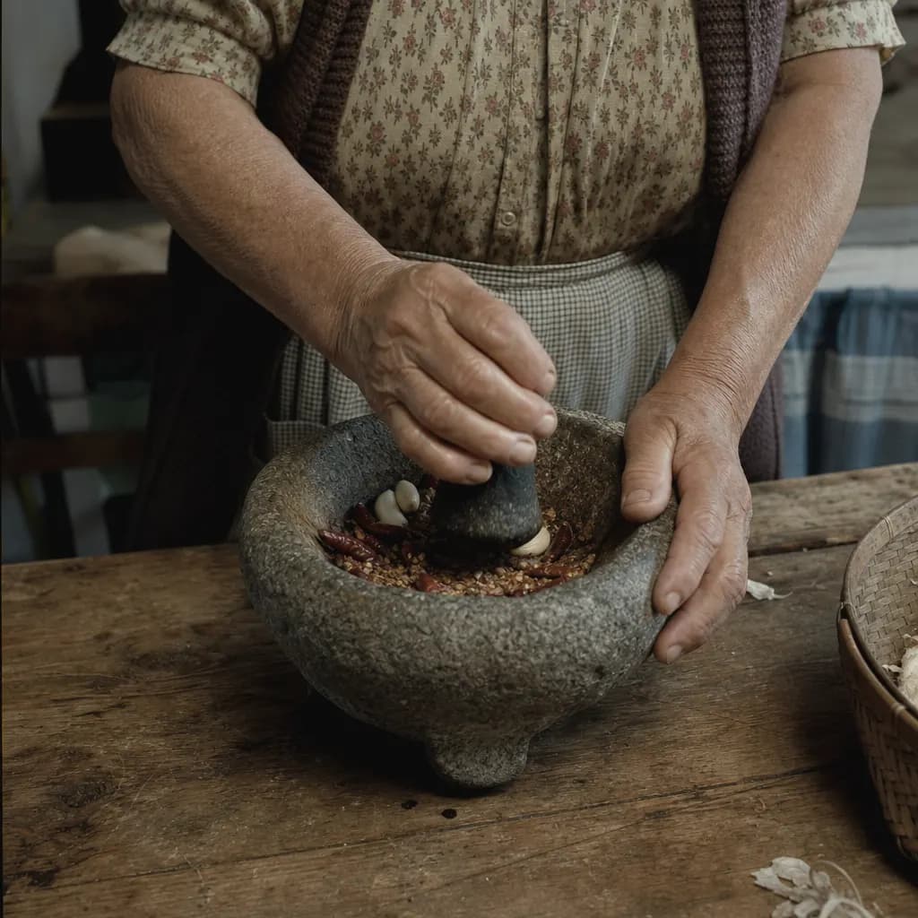 Candelaria Pérez pounds pepper, garlic, cumin and salt in the stone mortar