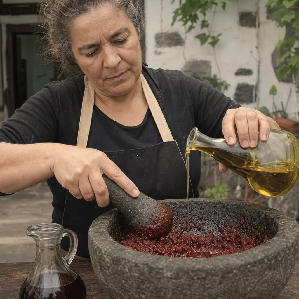 Yurena Pérez adds oil little by little until the mojo binds