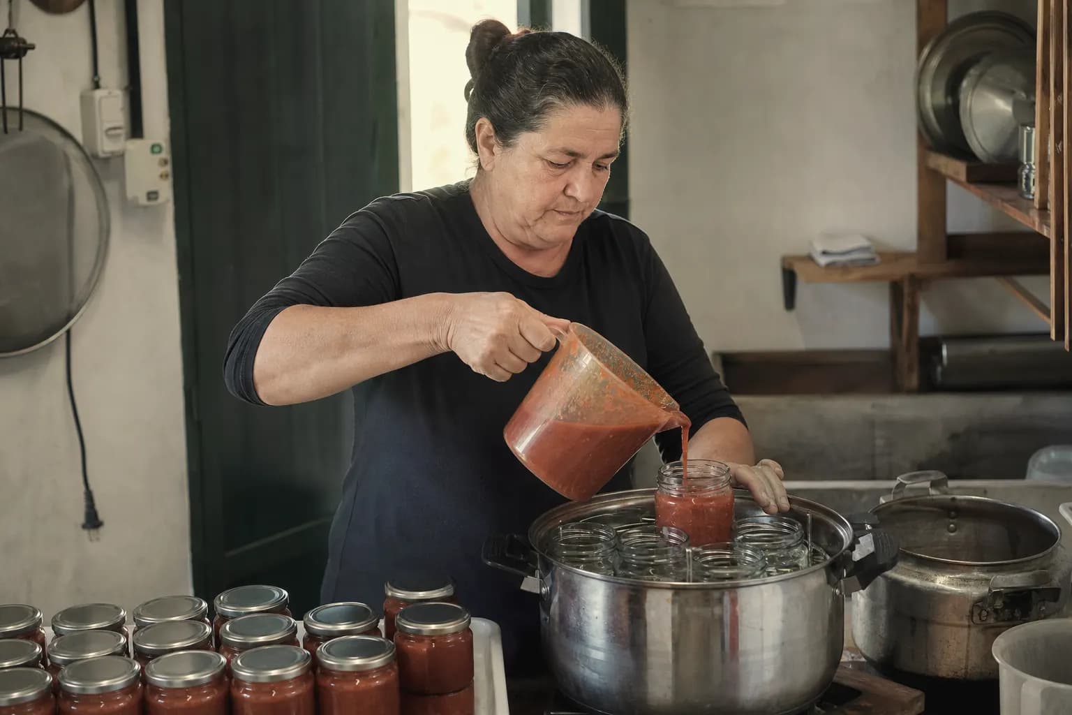 Yurena Pérez fills jars of mojo and pasteurises them in her workroom
