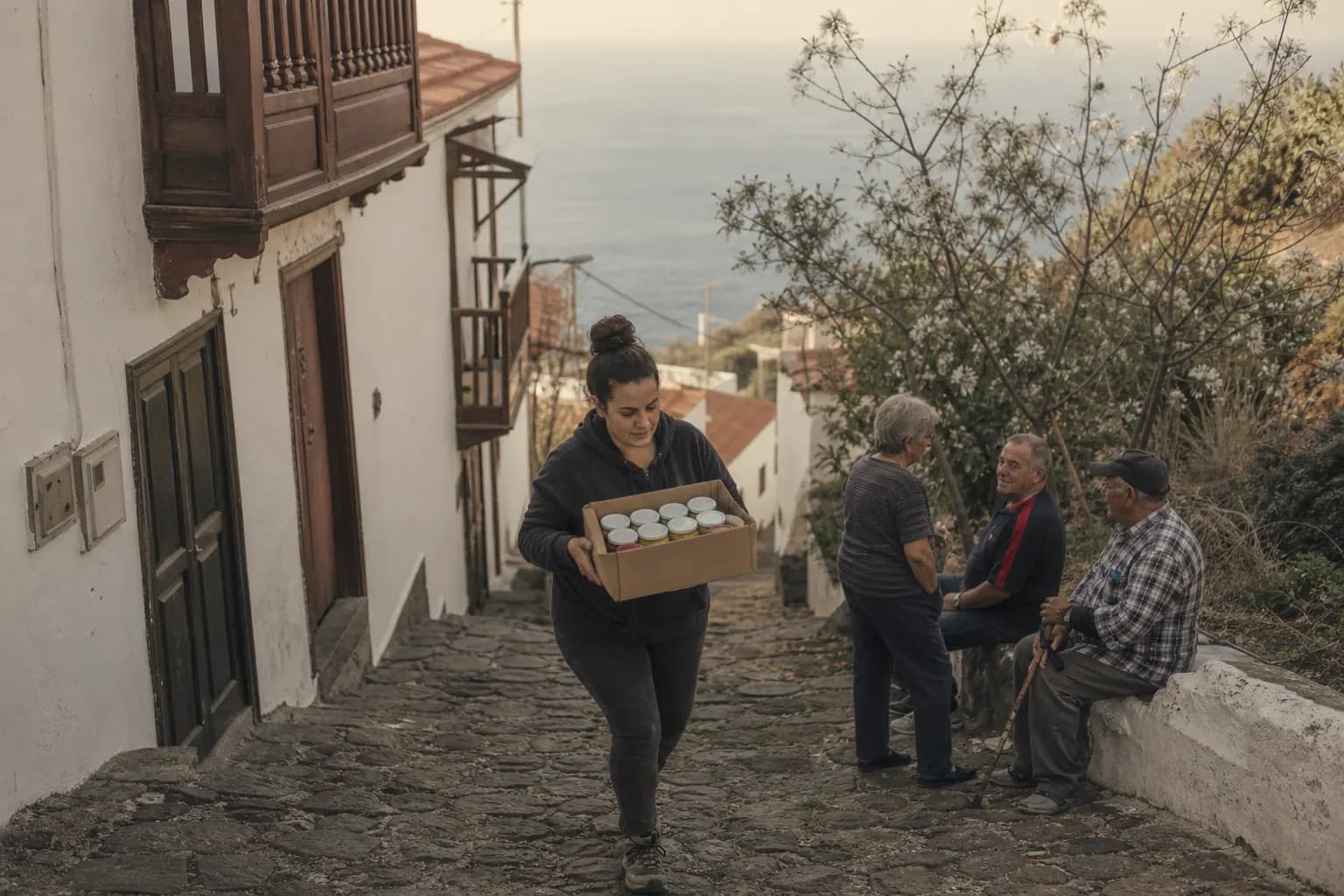 Yurena Pérez walks up a street in Puntagorda carrying a box of mojo jars