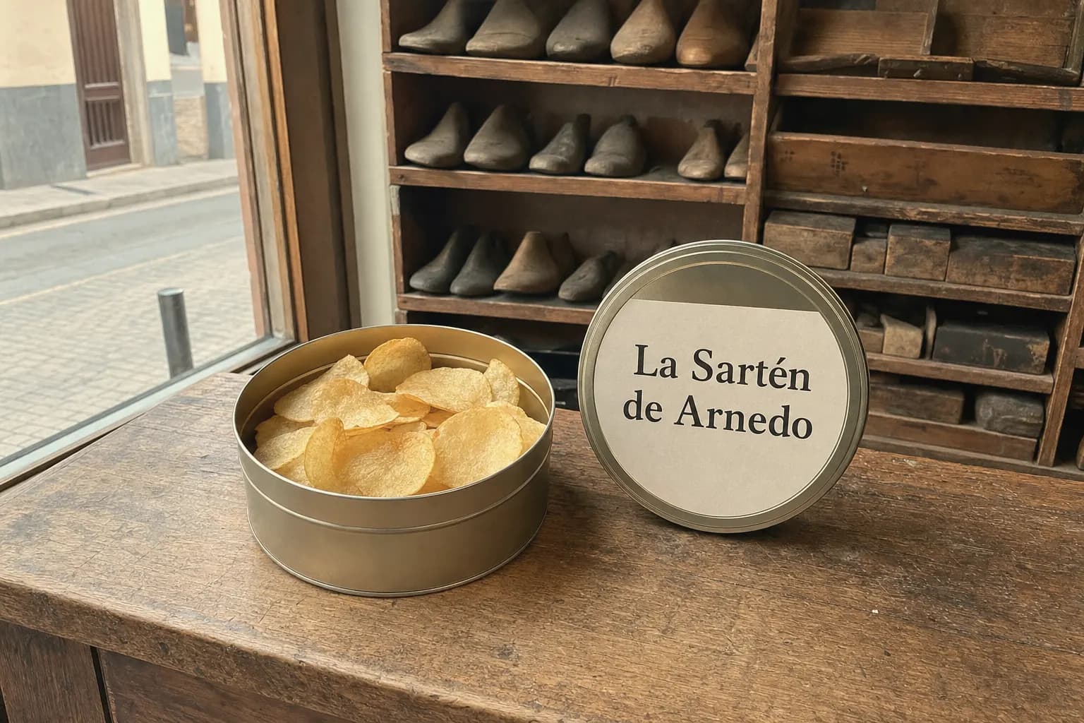 Tins of La Sartén de Arnedo crisps, one open, in the former shoe shop