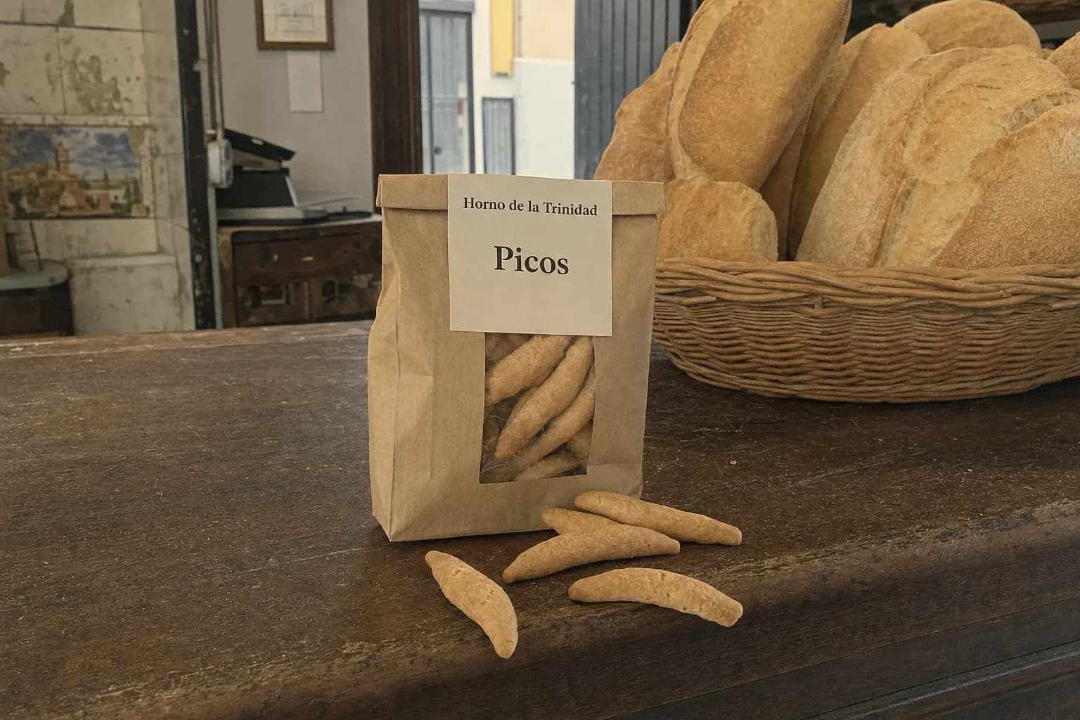 Bag of Horno de la Trinidad picos on the counter of a bakery in Utrera