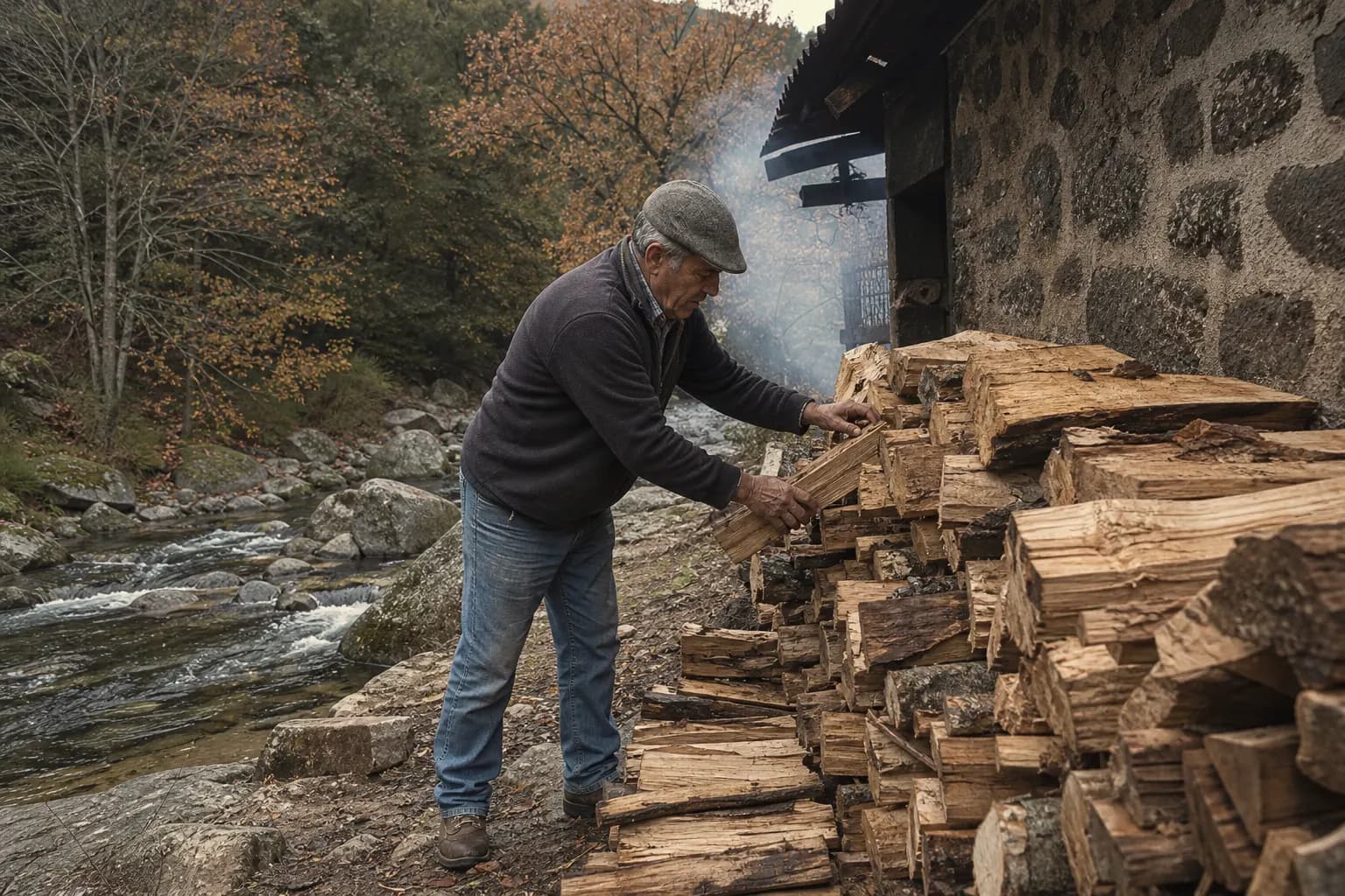 A man stacks oak and holm oak pruning wood beside the smoking house