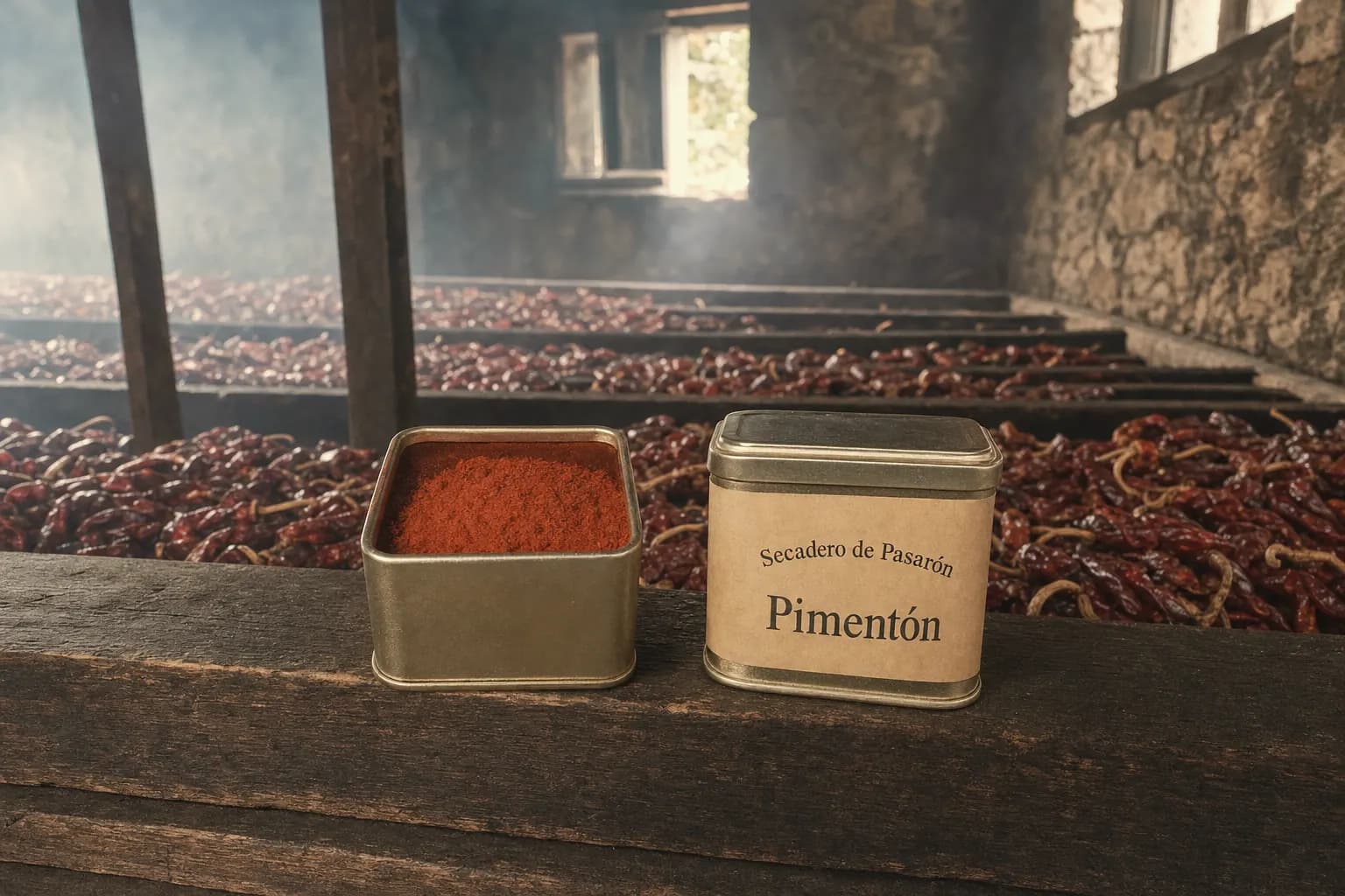 Tins of Secadero de Pasarón paprika, one open, inside the smoking house
