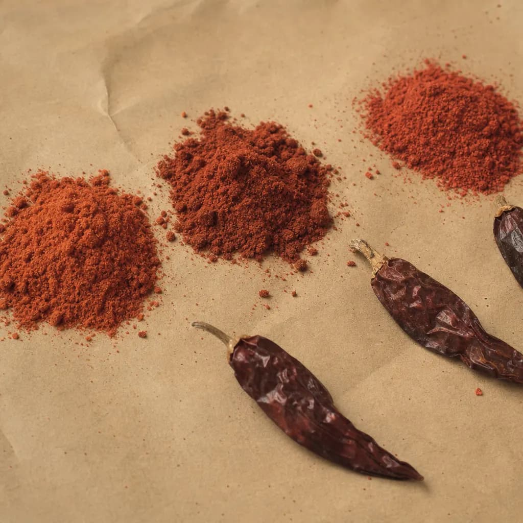 Three heaps of sweet, bittersweet and hot smoked paprika on paper