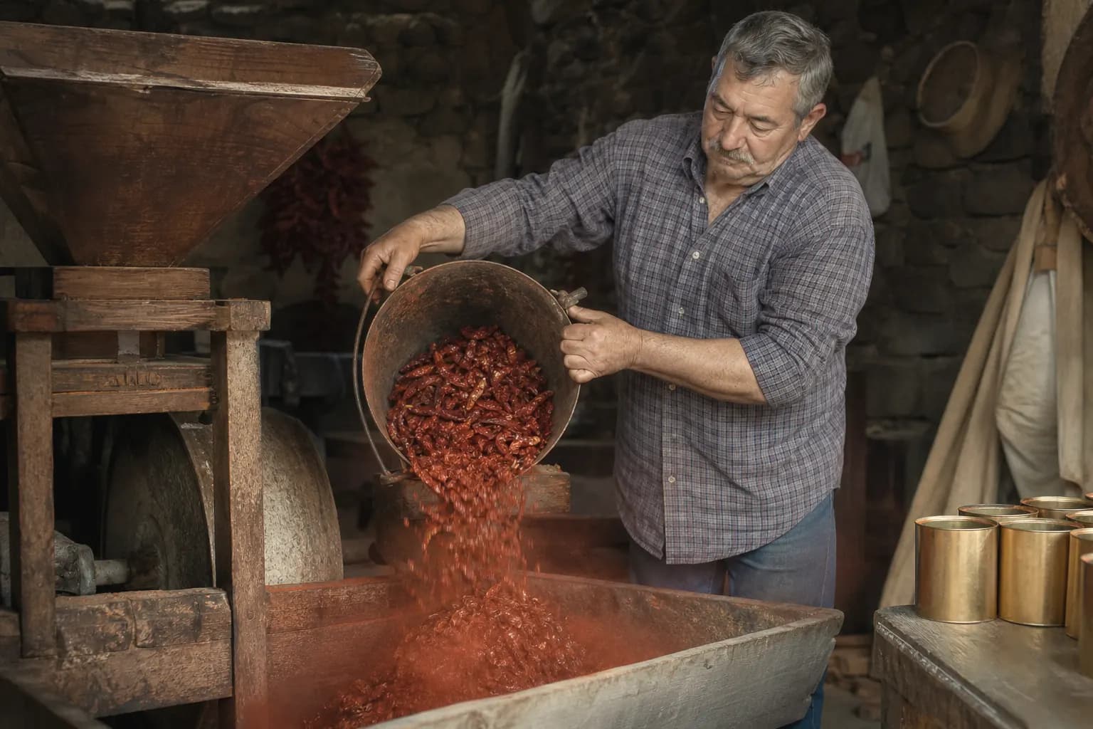 A miller grinds the smoked peppers in a stone mill