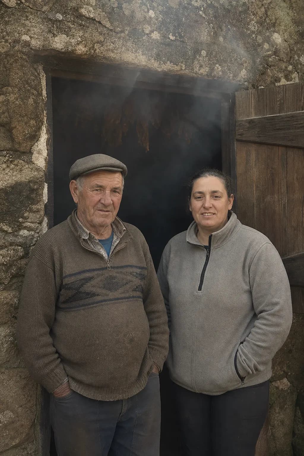 Celestino Tovar and his niece Marisa at the door of the smoking house in Pasarón de la Vera