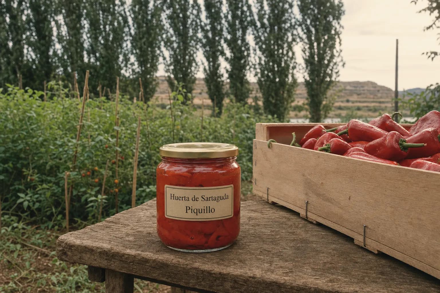 Jar of Huerta de Sartaguda piquillo peppers beside a crate of peppers in the garden