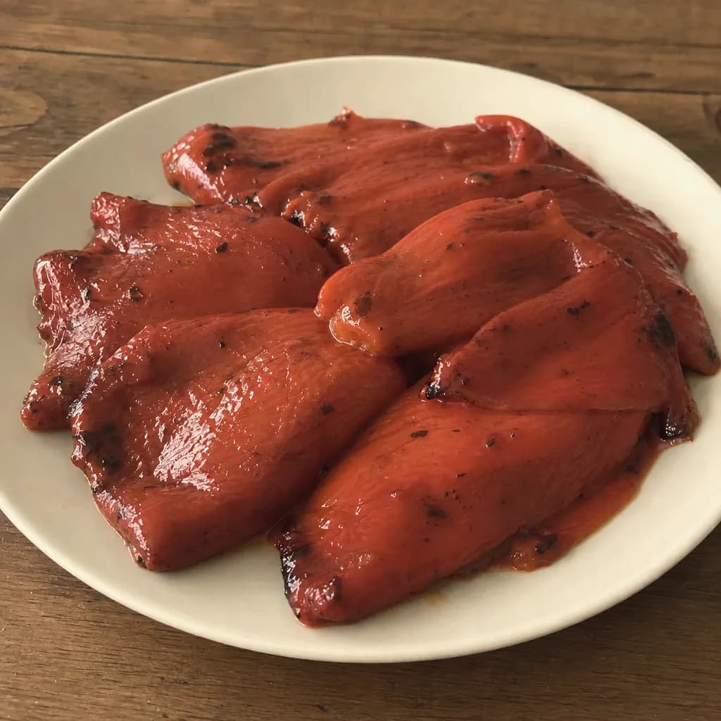 Whole roasted piquillo peppers with charred flecks on a plate