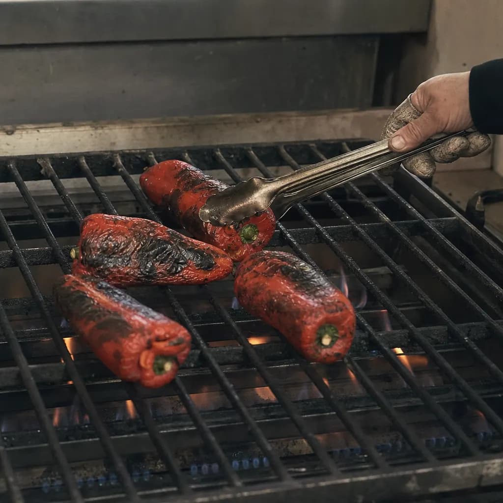 Whole piquillo peppers roasting one by one over the flame