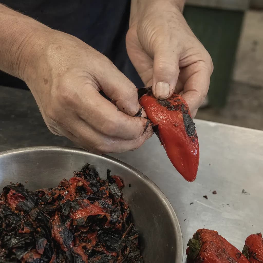 Hands peel a roasted piquillo pepper without water