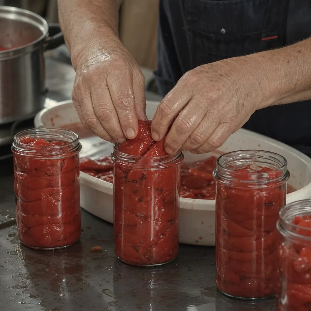 Hands place whole piquillo peppers in a jar with their juice