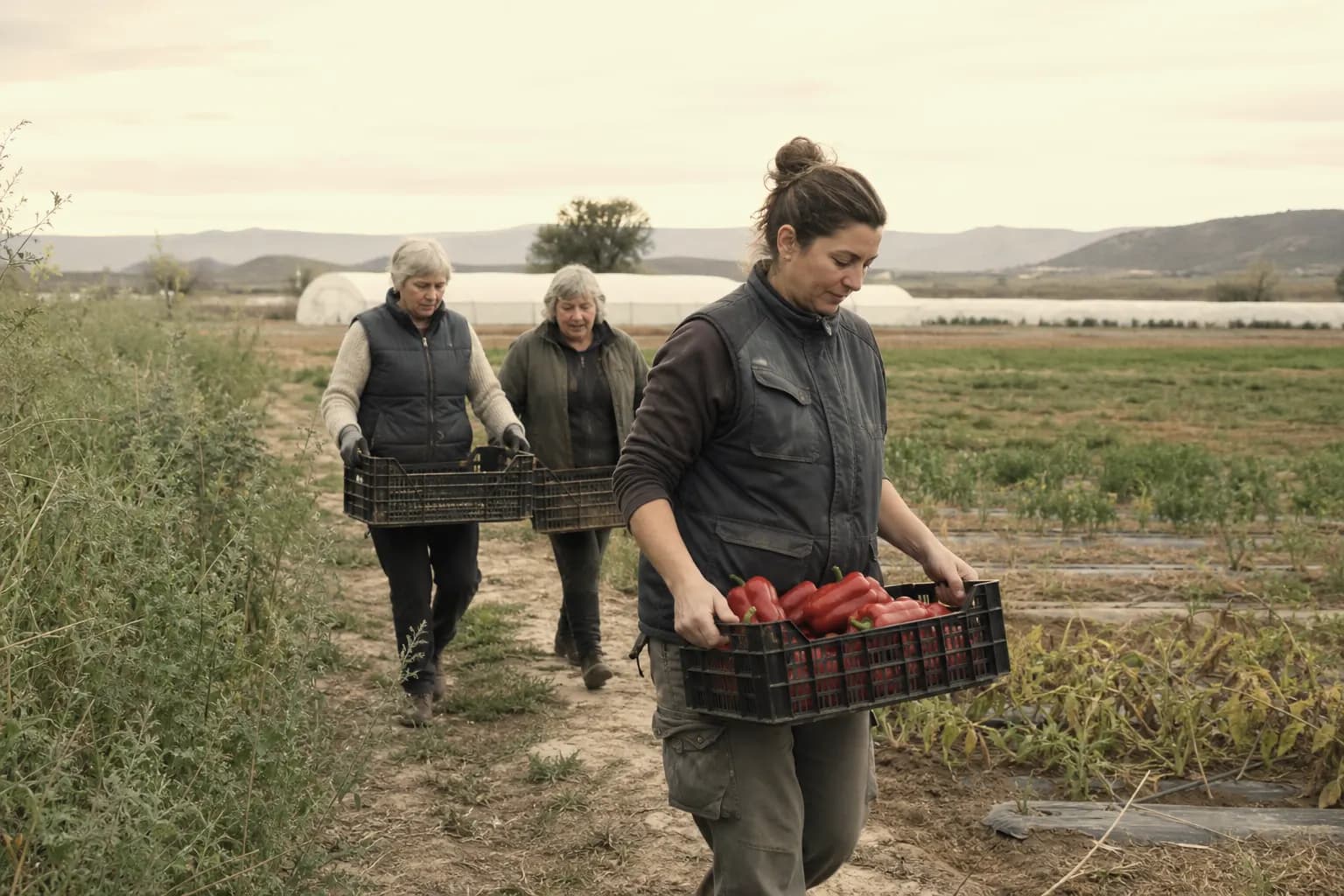 Ainhoa Echarri carries peppers with two neighbours between gardens in the Ribera